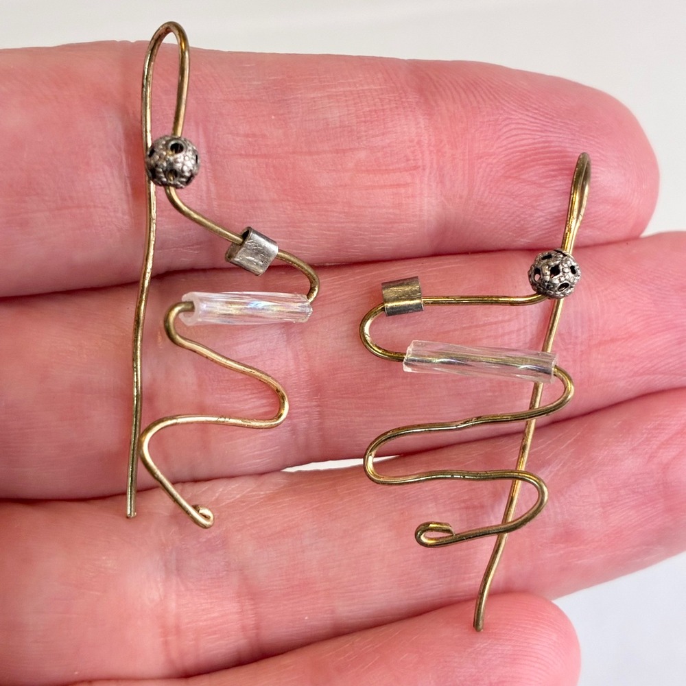 Vintage Earrings Abstract Zig Zag Wire Gold Tone Glass Bead Artisan Modernist - Picture 8 of 11